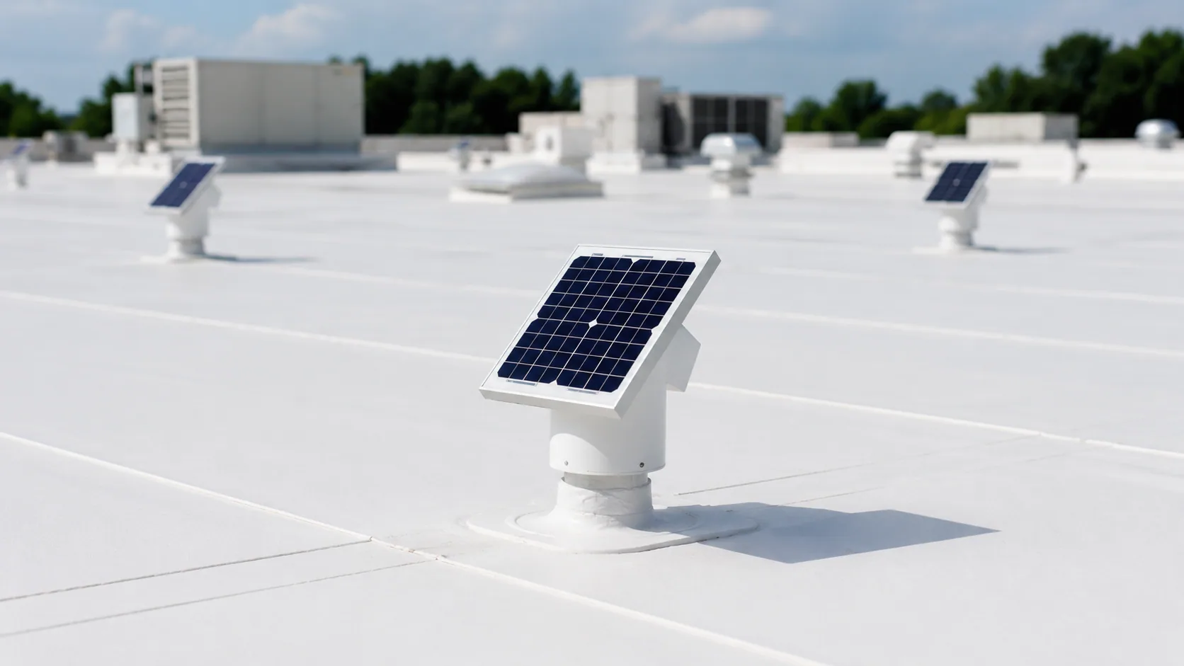 Solar-activated two-way vents on a coated commercial roof