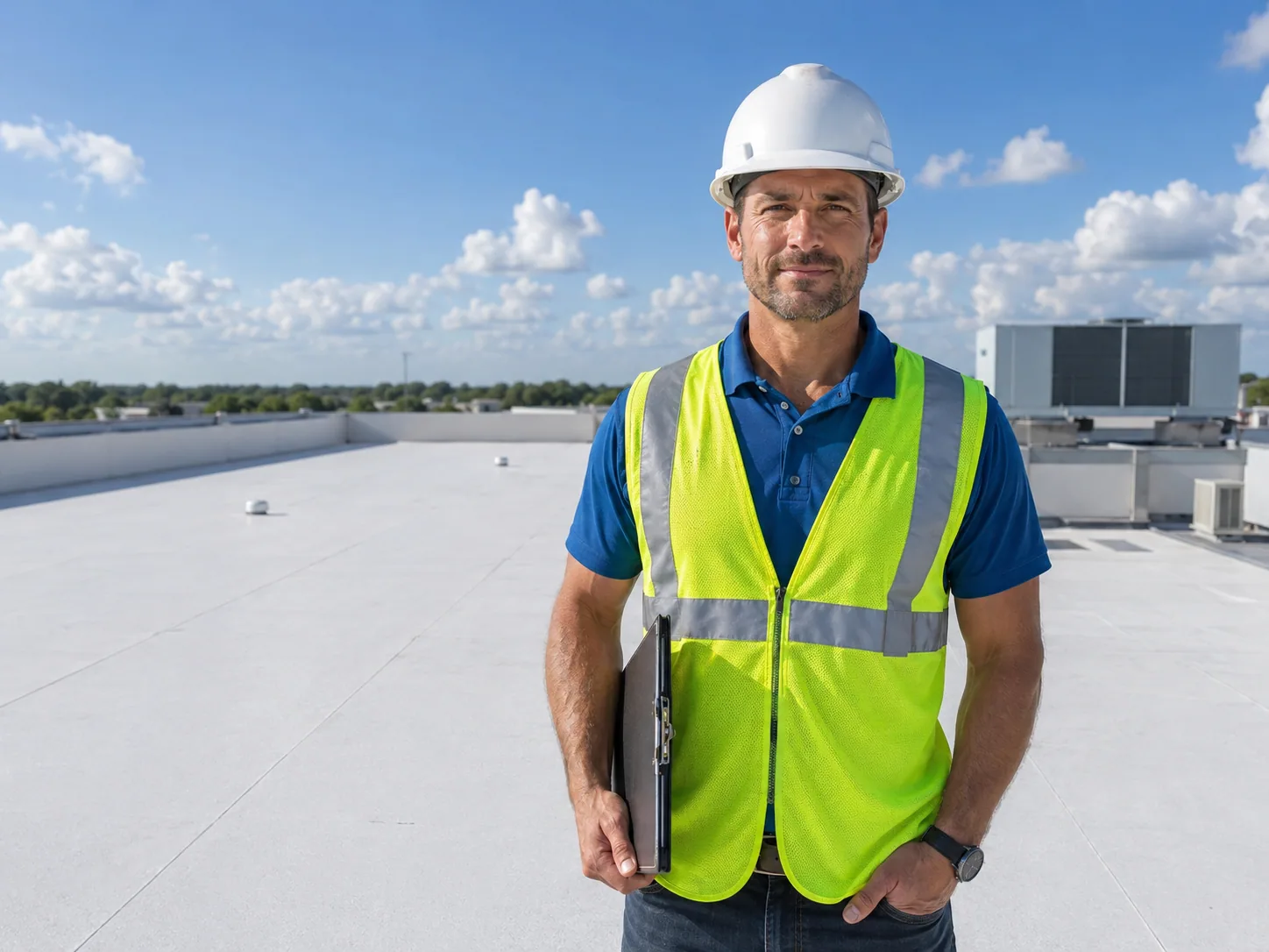 Roofing professional in a white hard hat and safety vest holding a clipboard on a commercial roof