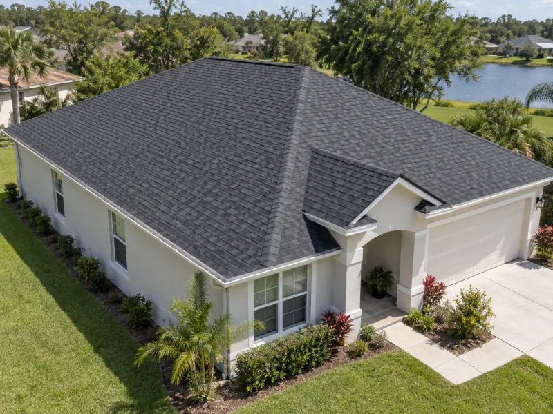 Example of a finished charcoal shingle roof on a single-story home