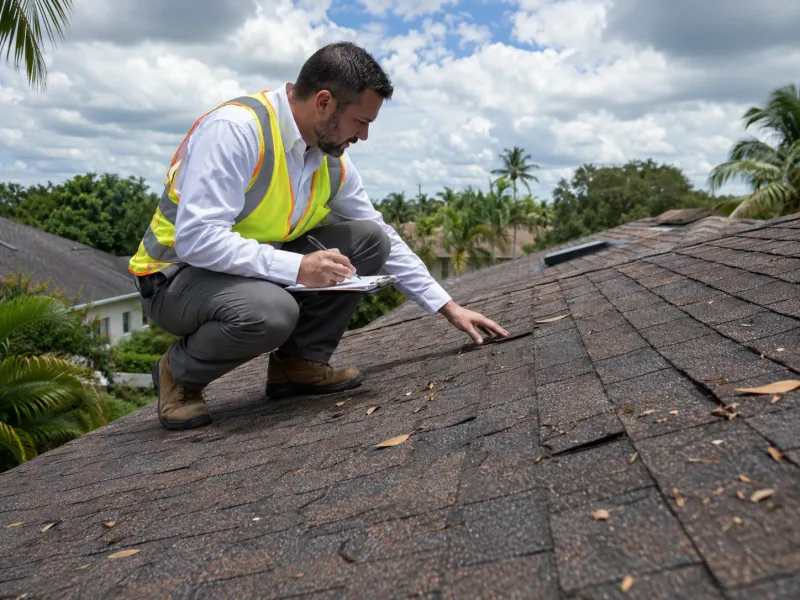 Roofing professional examining shingles and documenting their condition
